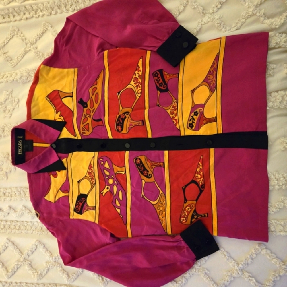 Vintage Escada Button-Up Blouse with Shoe Print.